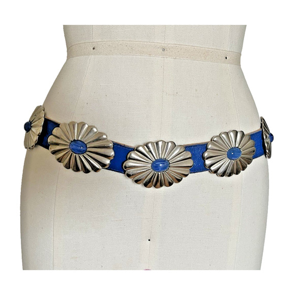 Accessocraft Accessories - VTG Rare 33" 80s ACCESSOCRAFT NYC Glass Cab 5 Concho Buckle Blue Leather Belt